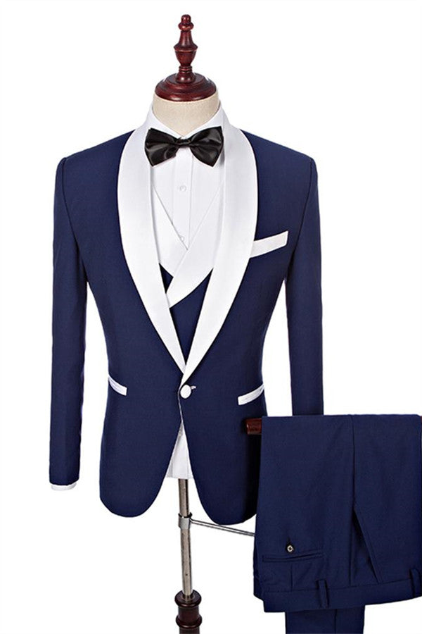 Navy Blue Groomsmen White Shawl-Lapel One-Button Three-Piece Wedding Tuxedos