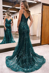 Long Dark Green Mermaid Prom Dress with Sparkly Sequins