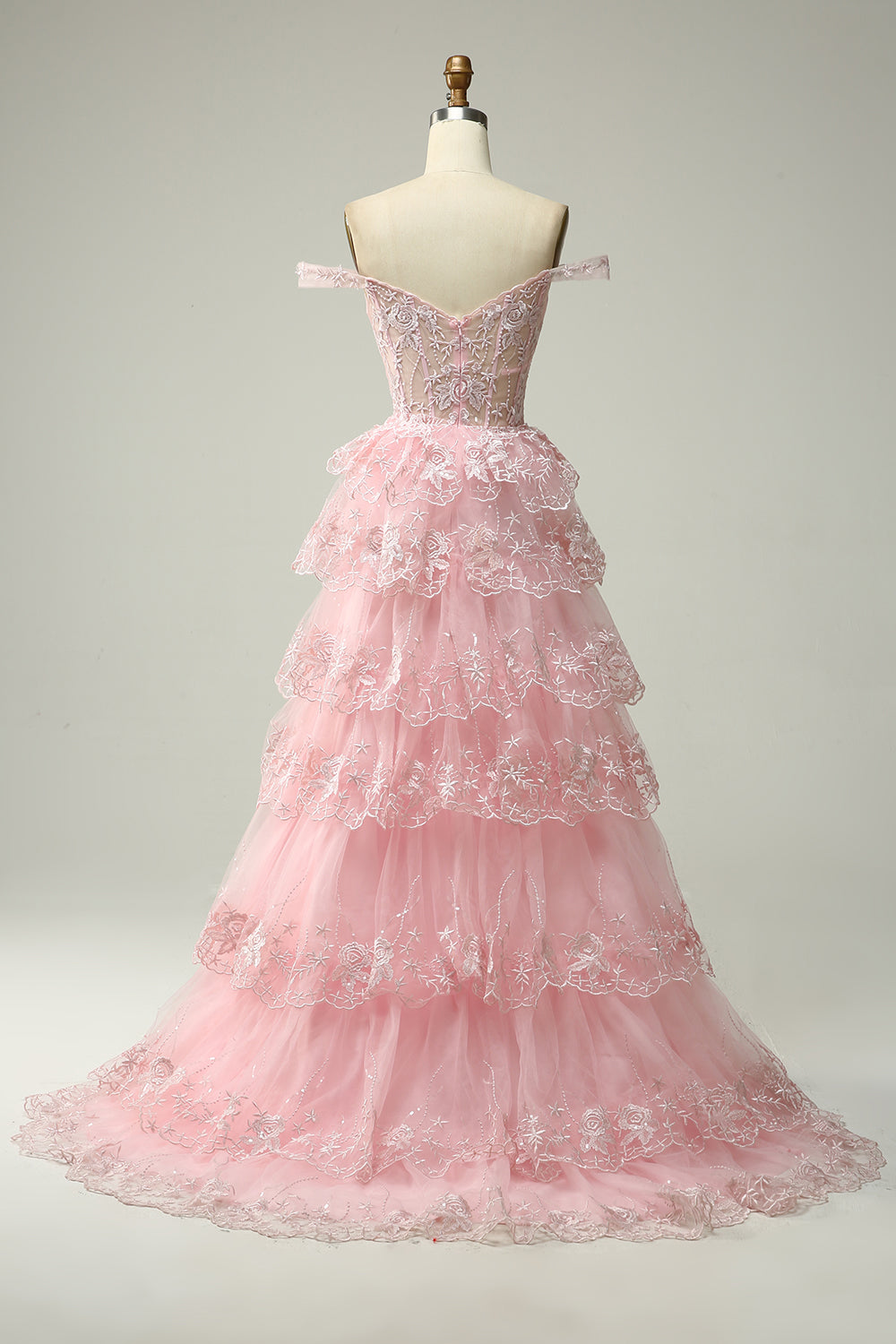 Long Tiered Off-the-Shoulder Corset Prom Dress in Fuchsia with Sequins for Princesses