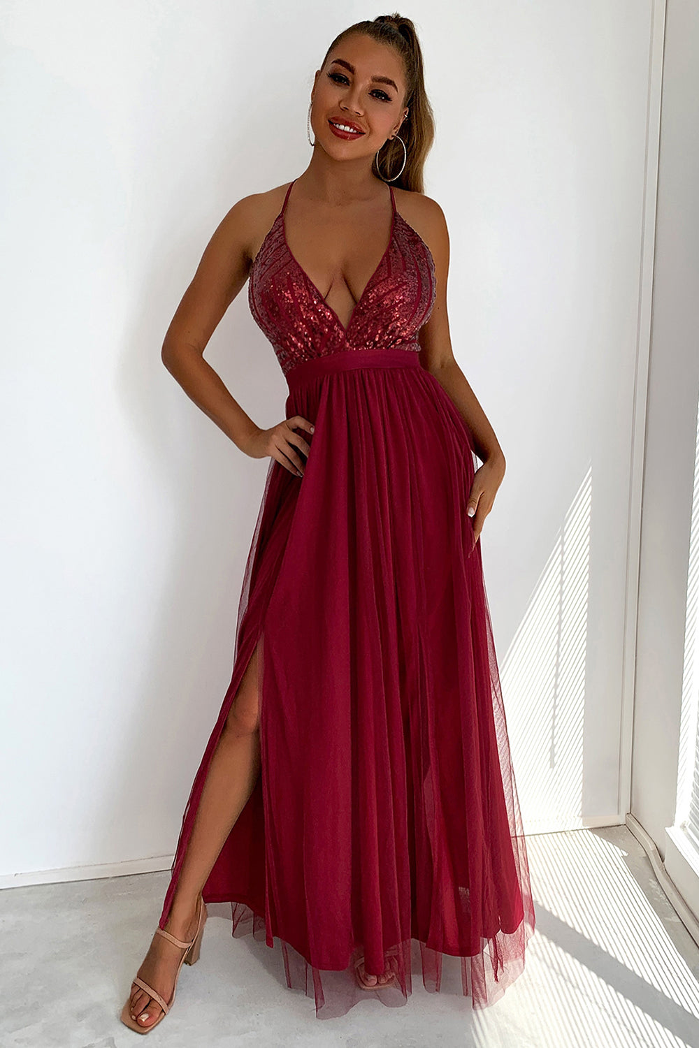 Sequin Party Dress with Green V-neck