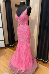 Stylish Pink A-Line Corset Prom Dress with Deep V-Neck and Appliques