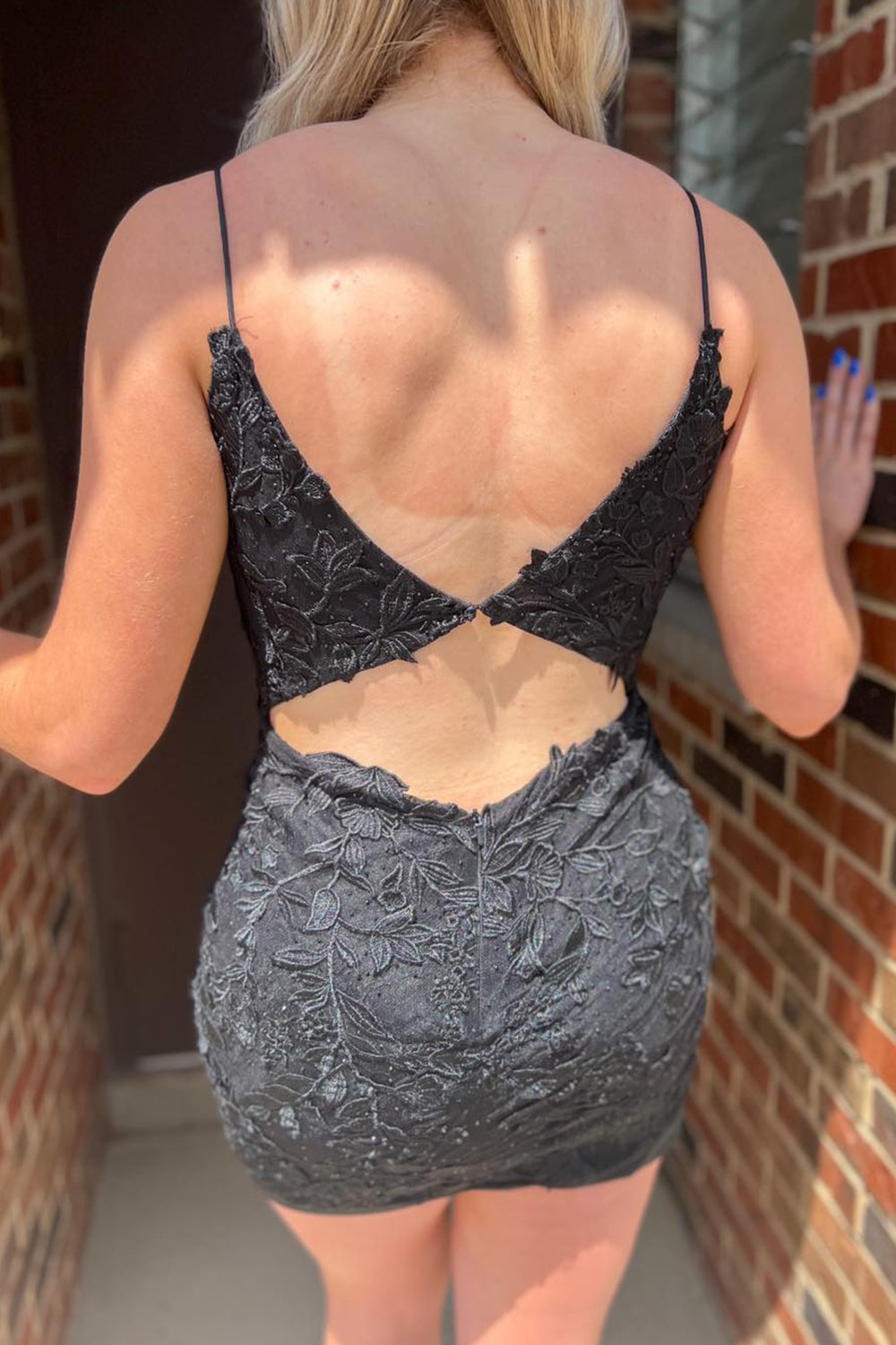Blue Open Back Spaghetti Straps Appliques Tight Homecoming Dress/Mini Dress