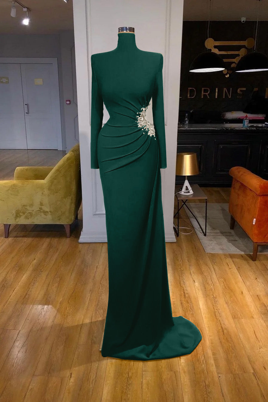 Long Sleeves High-Neck Mermaid Evening Dress