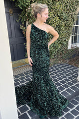 Long Mermaid Prom Dress with Dark Green Sequins