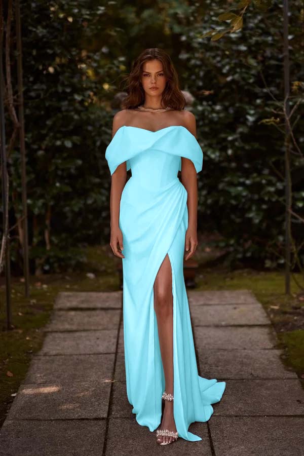 Off the Shoulder Sleeveless Long Mermaid Formal Dress With Split Pleated