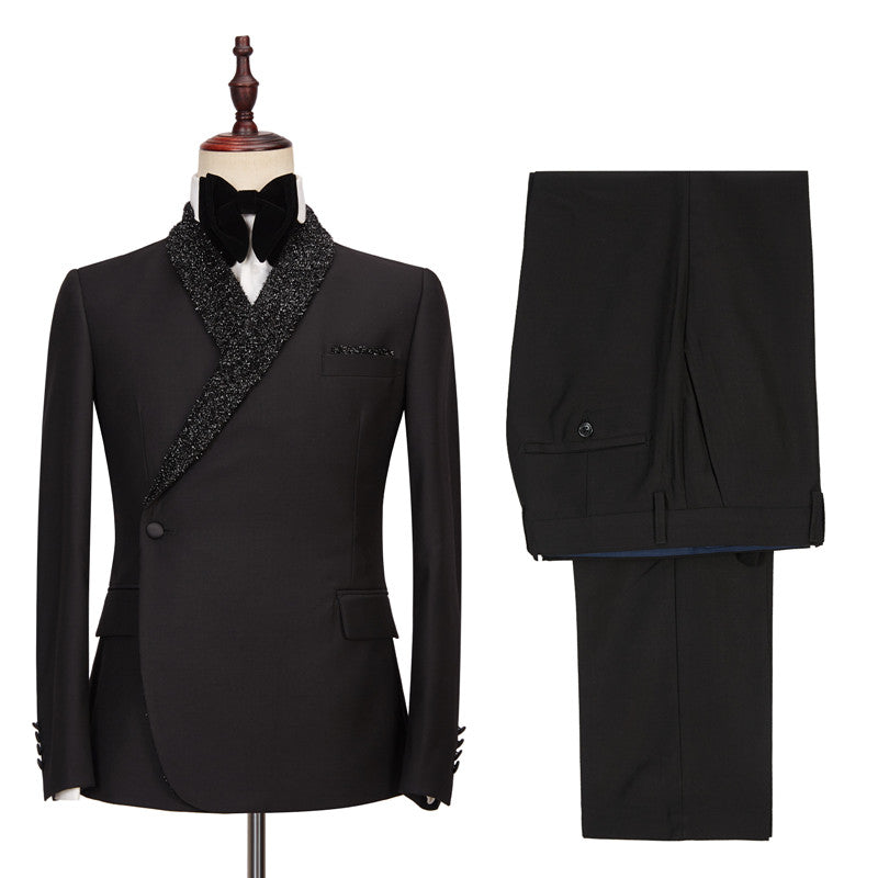 Colby Sparkly Black One-Button Wedding Suits with Shawl Lapel
