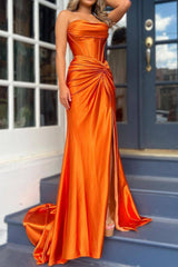Orange Strapless Mermaid Corset Prom Dress Featuring a Front Split