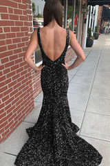 Long Prom Dress with Sequins in Mermaid Blue V-Neck