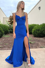 Long Blue Prom Dress Featuring Spaghetti Straps and a Slit