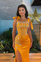 Stunning Mermaid Straps Beadings Slit Evening Dress With Rhinestone