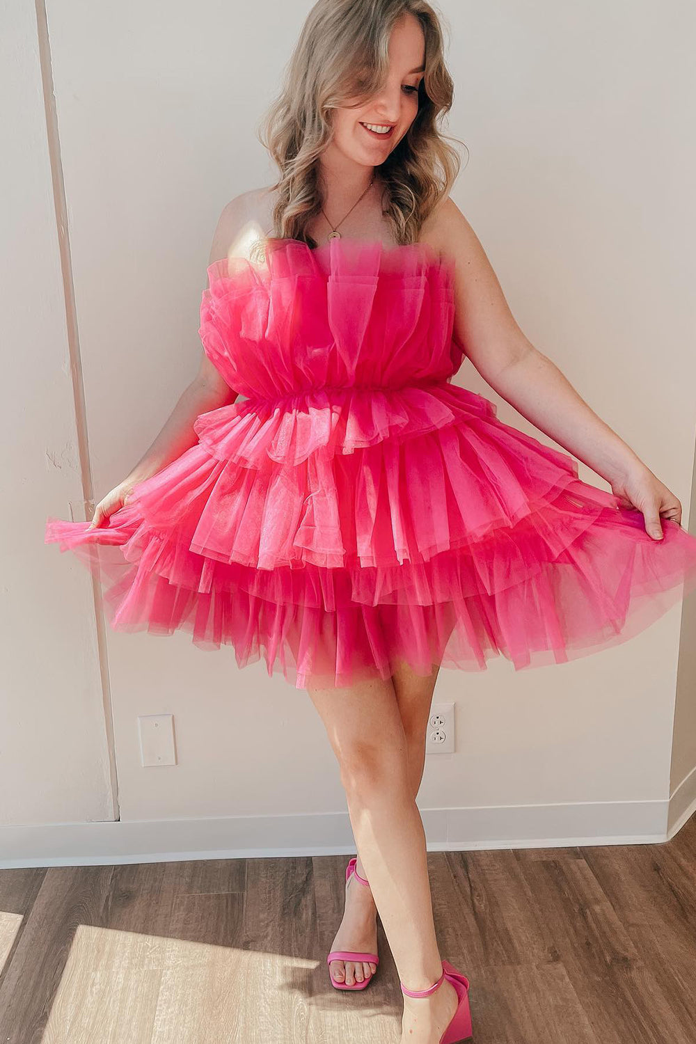 A-Line Light Blue Strapless Tiered Tulle Short Homecoming Dress/Mini Dress