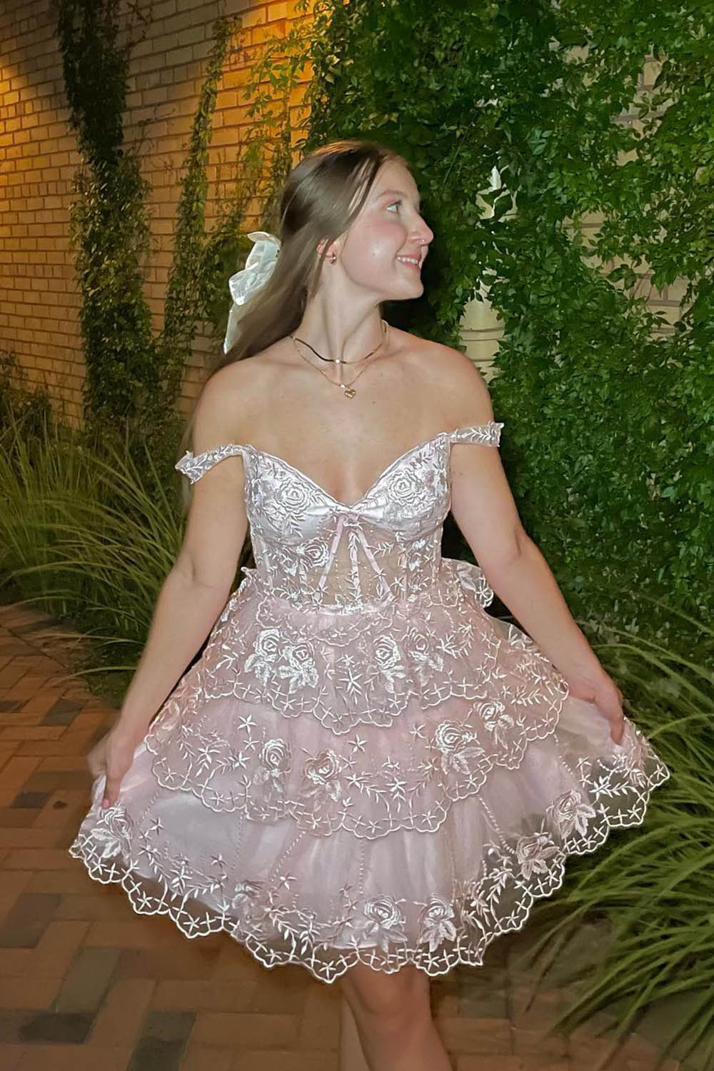 Pink A-Line Off the Shoulder Tiered Short Homecoming Dress/Mini Dress