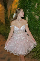 Pink A-Line Off the Shoulder Tiered Short Homecoming Dress/Mini Dress