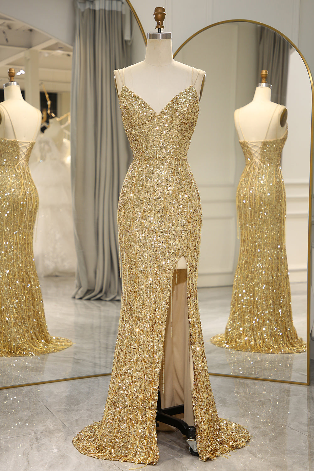 Golden Sequins Long Prom Dress with Bling Mermaid Spaghetti Straps and Split Front