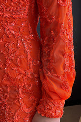 Orange Sequined Long-Sleeve Prom Dress with a Mermaid One-Shoulder Design