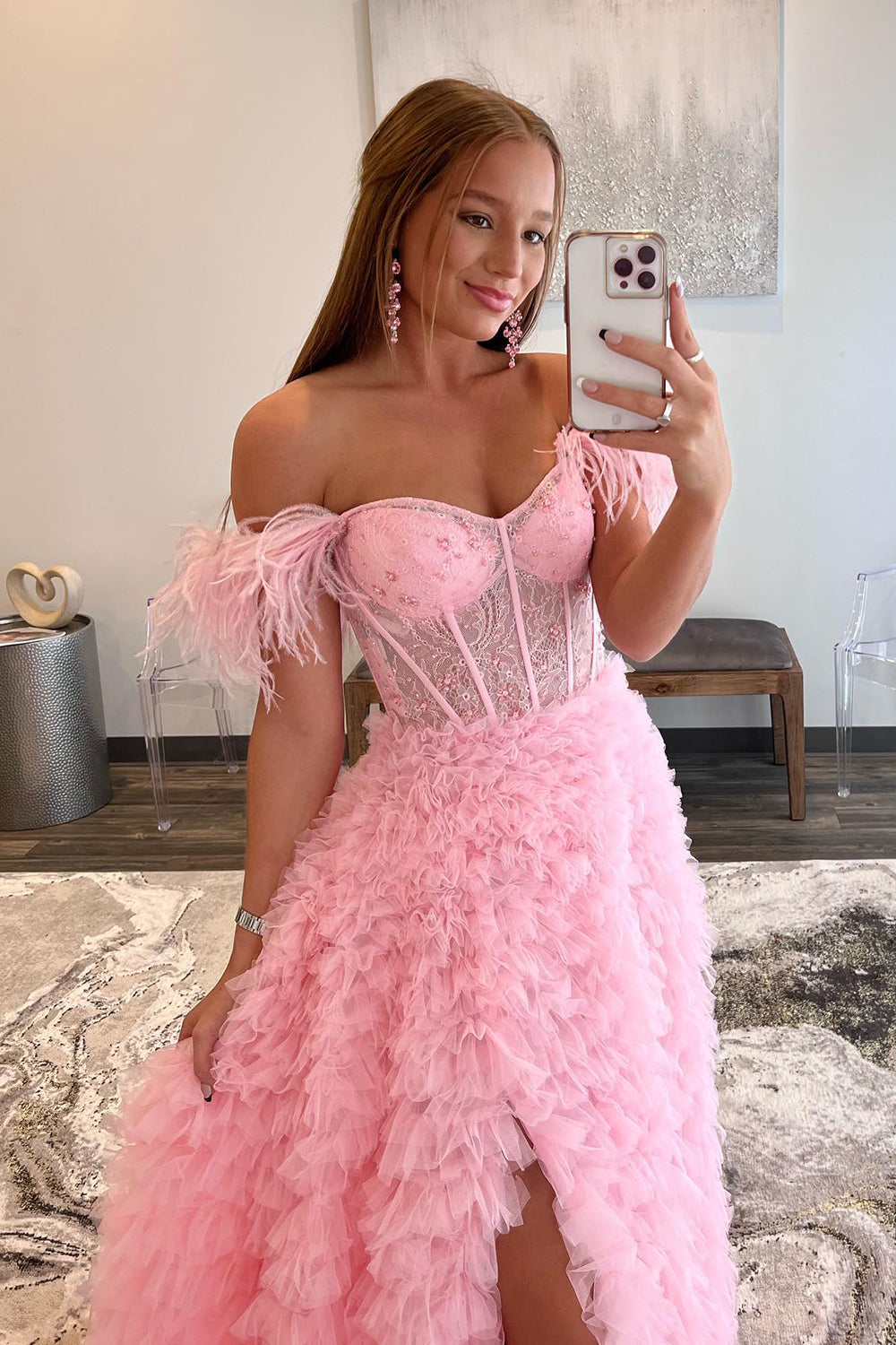 Pink Long Prom Dress with Feathers 鈥?Off-the-Shoulder A-Line Princess Style