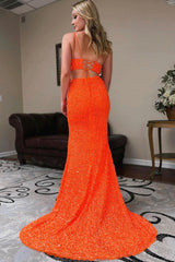 Orange Two-Piece Mermaid Prom Dress Featuring Sequins and a Slit