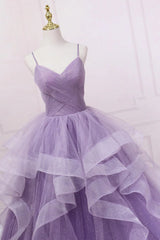 Purple Long Prom Dress with Spaghetti Straps in A-Line Style