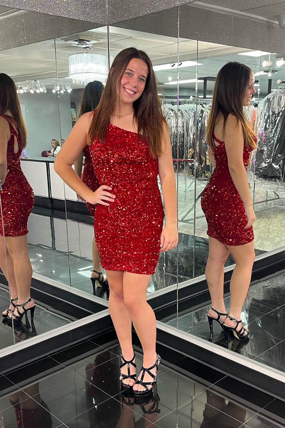 Fuchsia Sequins One Shoulder Homecoming Dress/Mini Dress