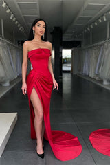 Red Strapless Mermaid Charmeuse Evening Dress Split
