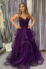 Long Dark Purple Prom Dress with Spaghetti Straps and Beading in A-Line Style