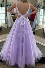 Elegant Deep V-Neck Purple A-Line Long Prom Dress Featuring Appliques