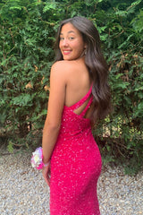 Long Prom Dress in Fuchsia with Sequin Details and Slit