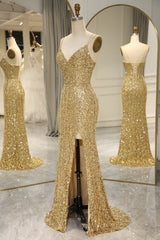 Golden Sequins Long Prom Dress with Bling Mermaid Spaghetti Straps and Split Front