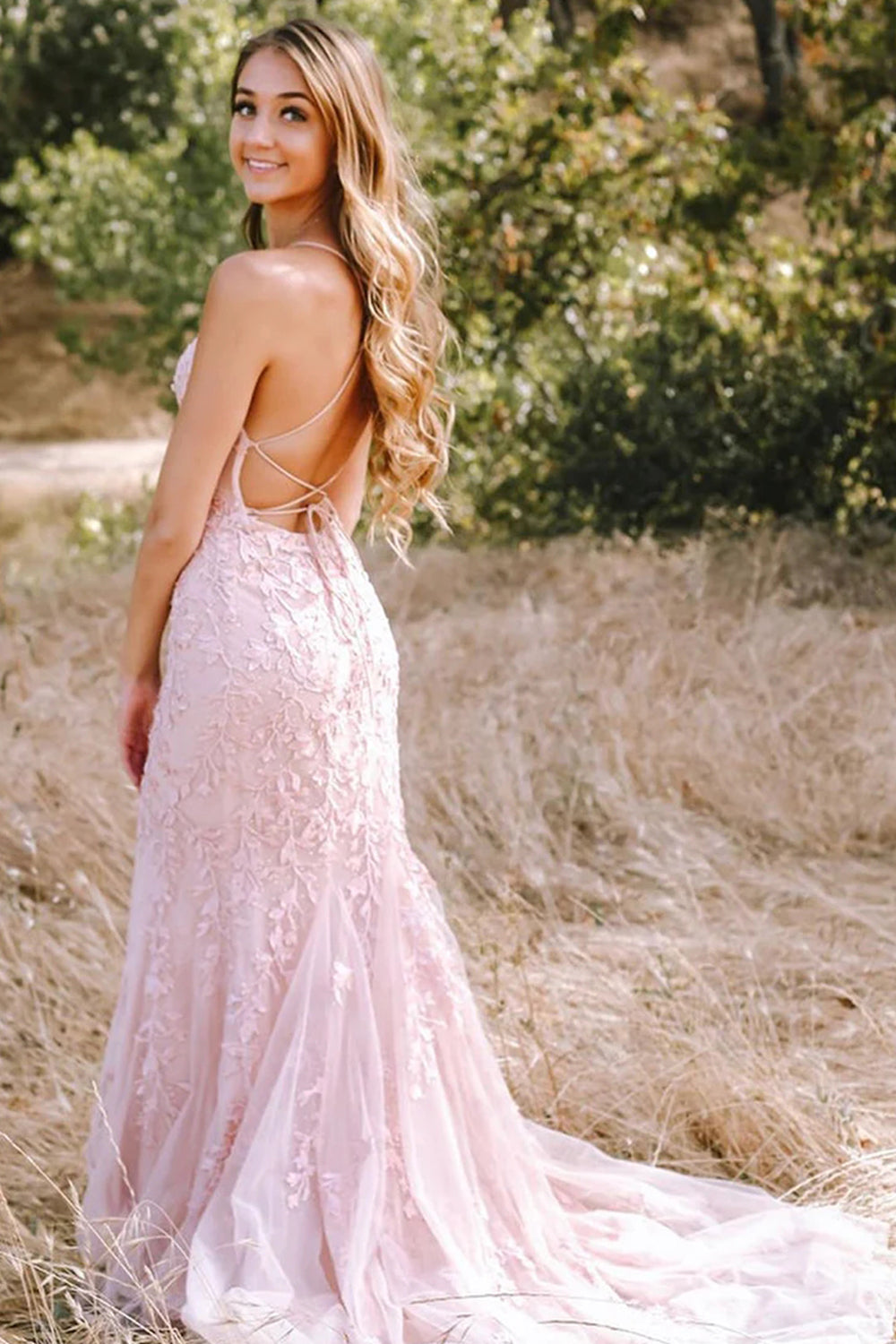 Backless Mermaid Prom Dress in Pink Lace