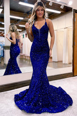 Royal Blue Sequined Mermaid Prom Dress with Spaghetti Straps and Sweep Train