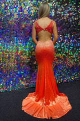 Orange Long Prom Dress with Deep V Neck and Mermaid Beading