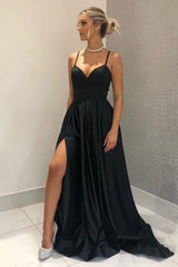 Black Long A-Line Prom Dress with Spaghetti Straps and Slit