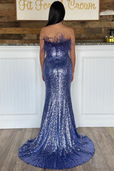 Fashionable Strapless Sequins Slit Mermaid Evening Dress With Feather