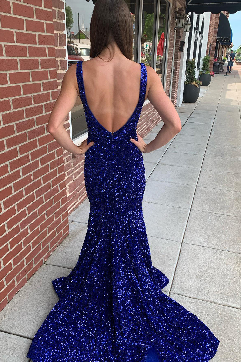 Long Prom Dress with Sequins in Mermaid Blue V-Neck