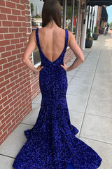Long Prom Dress with Sequins in Mermaid Blue V-Neck