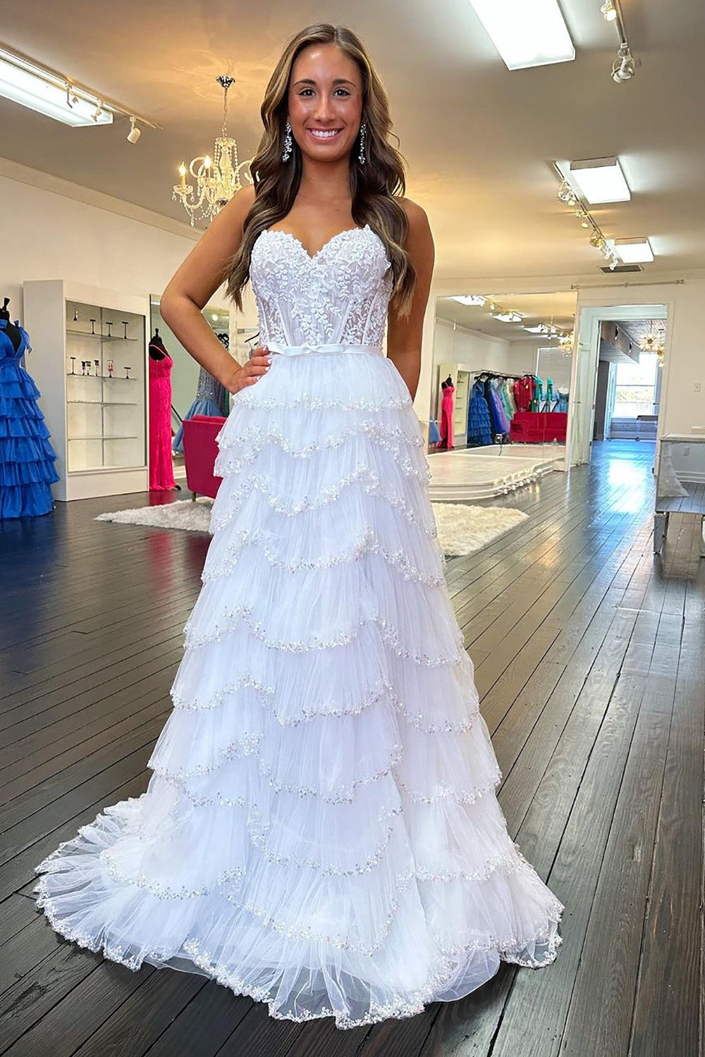 White Corset Prom Dress with Princess A Line Spaghetti Straps Appliques and Ruffles