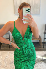 Green Sequined Mermaid Prom Dress with Spaghetti Straps and Backless Design