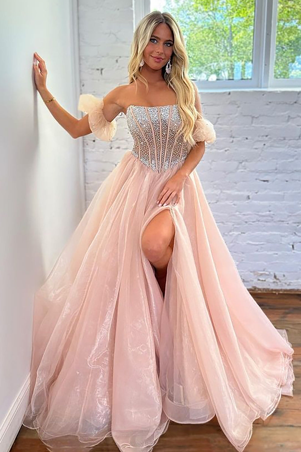 Blush Strapless Corset Prom Dress with A-Line Beading and Front Split