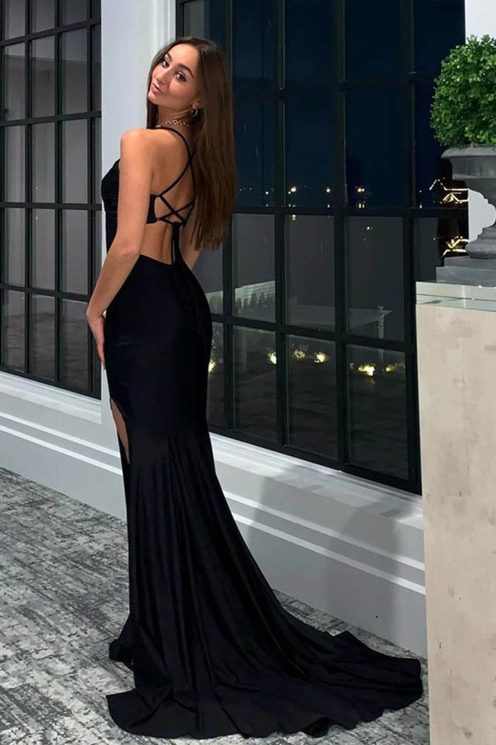 Long Black Prom Dress with Mermaid Halter and Crisscross Back