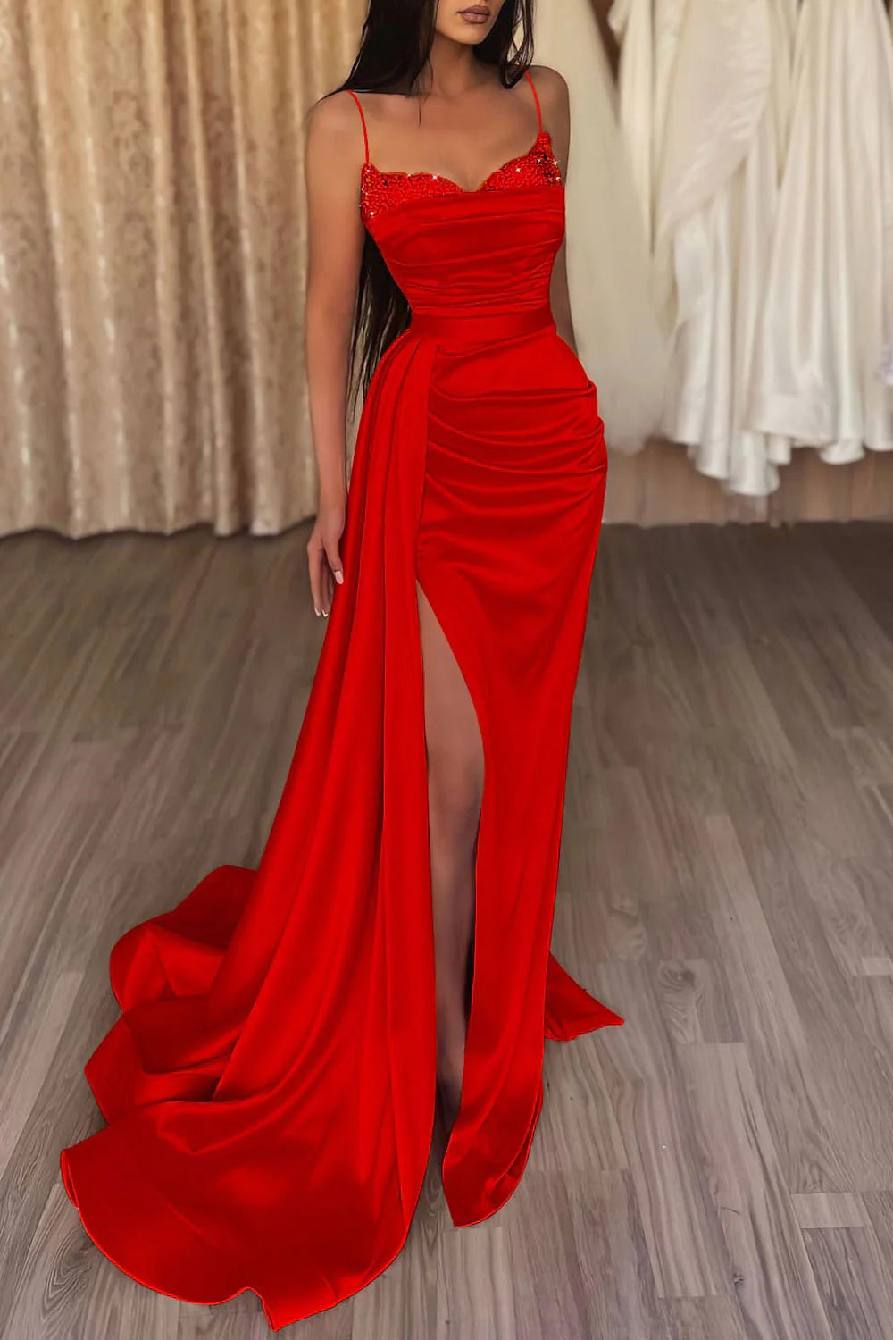 Long Dark Grey Prom Dress with Mermaid Spaghetti Straps and Front Split