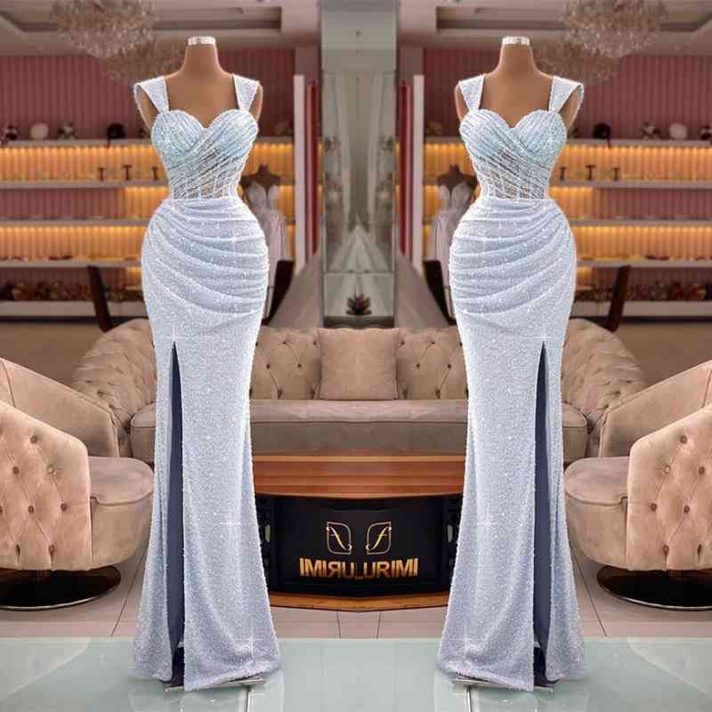 Classic Mermaid Sequins Sweetheart Split Straps Evening Dress With Pleated