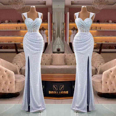 Classic Mermaid Sequins Sweetheart Split Straps Evening Dress With Pleated