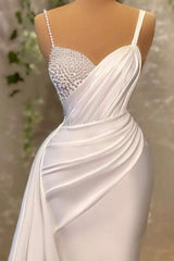 White Mermaid Spaghetti Strap Evening Dress Long With Pearls
