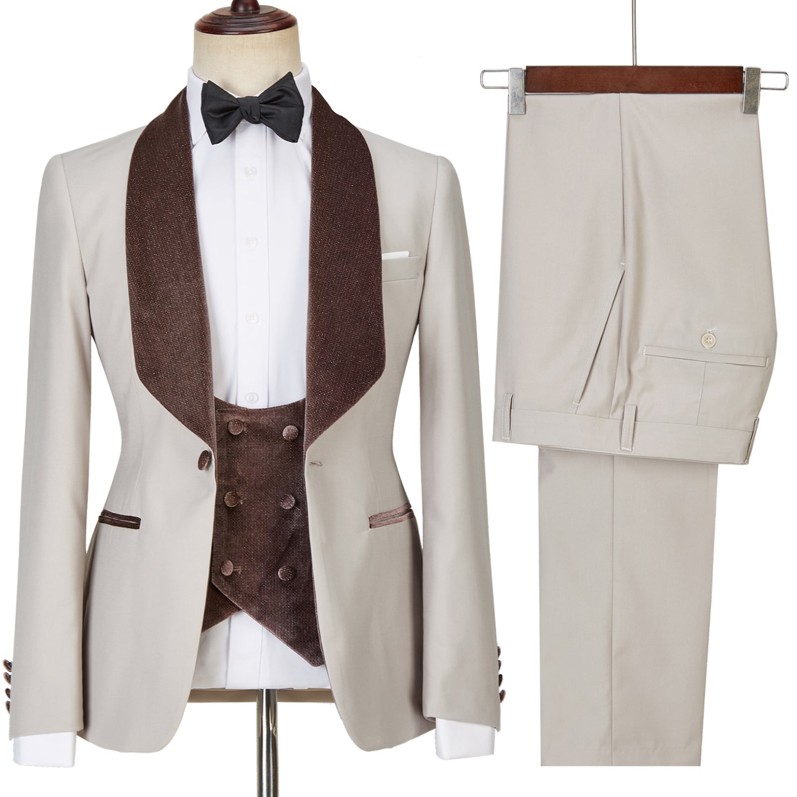 Fashion Shiny Slim Fit Joseph Light Champagne Shawl Lapel Three-Piece Men's Suits
