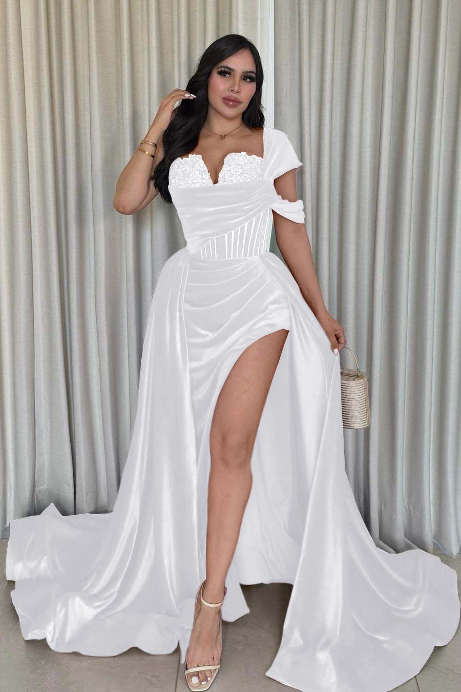 One Shoulder Sleeveless Long Mermaid Formal Dress With Split Pleated