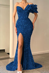 Glitter Orange V-Neck Mermaid Split Off-The-Shoulder Evening Dress With Sequins