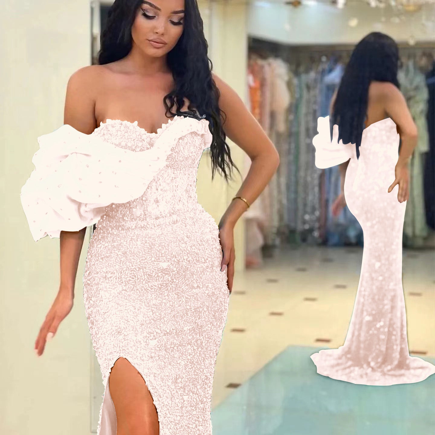 Gorgeous One Shoulder Mermaid Split Evening Dress With Sequins Sweetheart Off-The-Shoulder