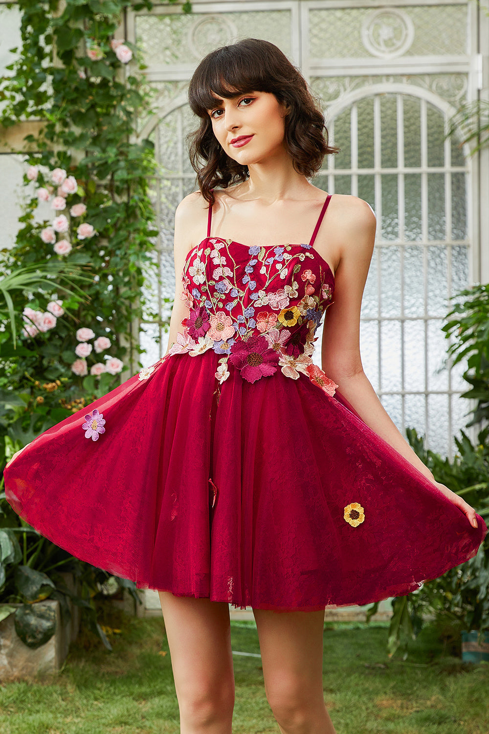 Burgundy A Line Spaghetti Straps Homecoming Dress/Mini Dress With 3D Flowers
