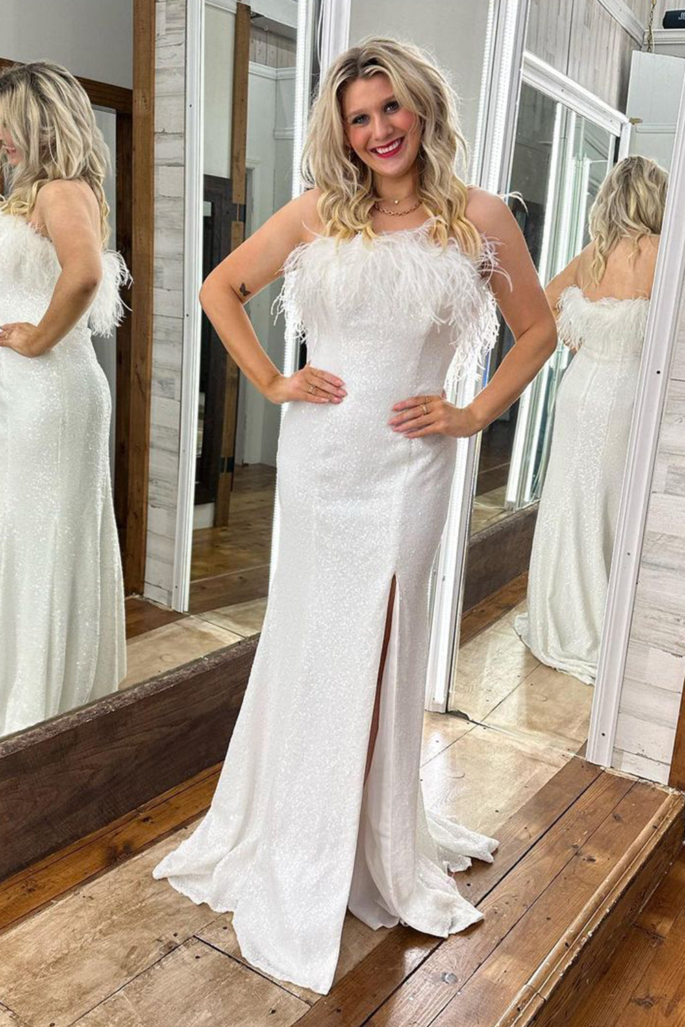 White Sequined Plus Size Mermaid Prom Dress with Feathers Strapless