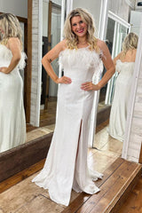 White Sequined Plus Size Mermaid Prom Dress with Feathers Strapless